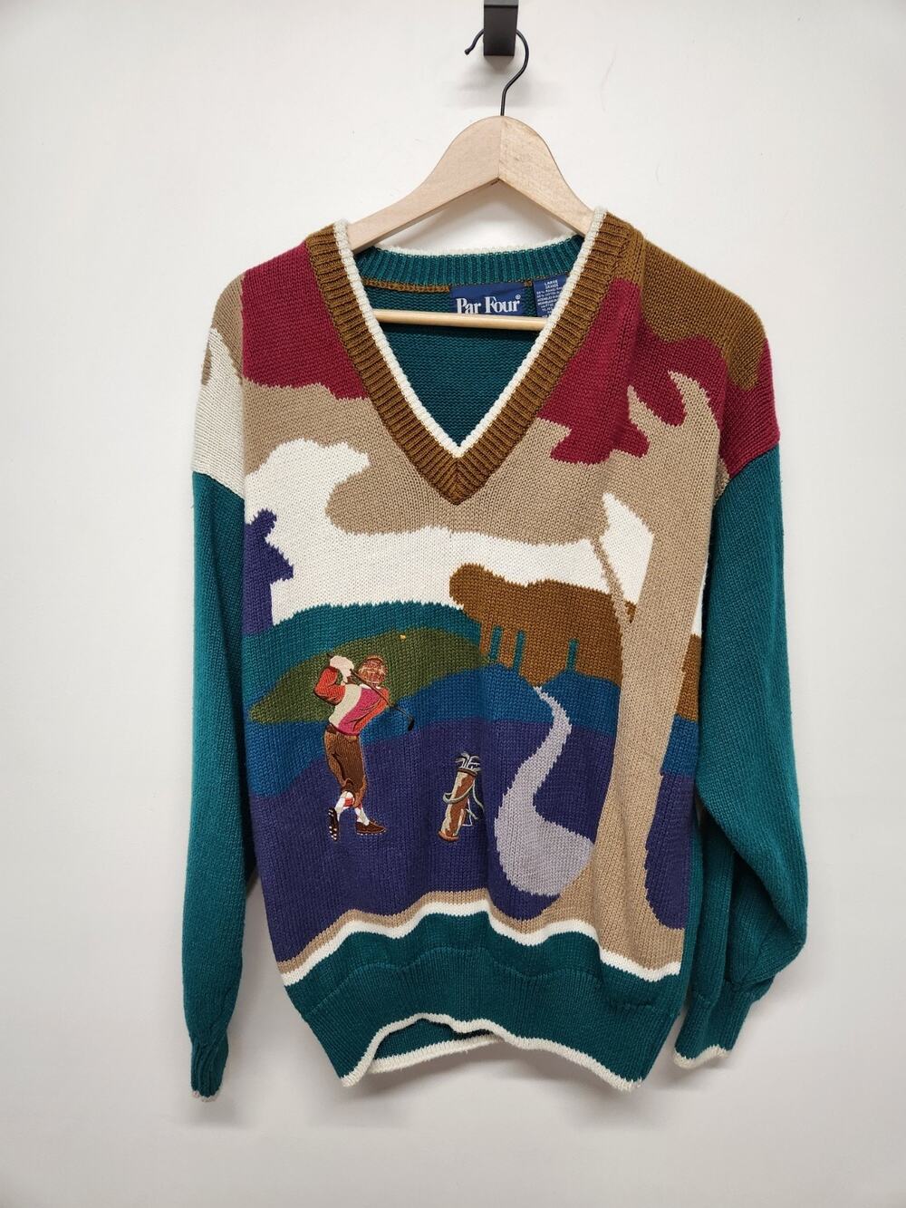 Vintage Par Four Men's V-Neck Knit Golf Course Scene Sweater, Size L, Teal Multi